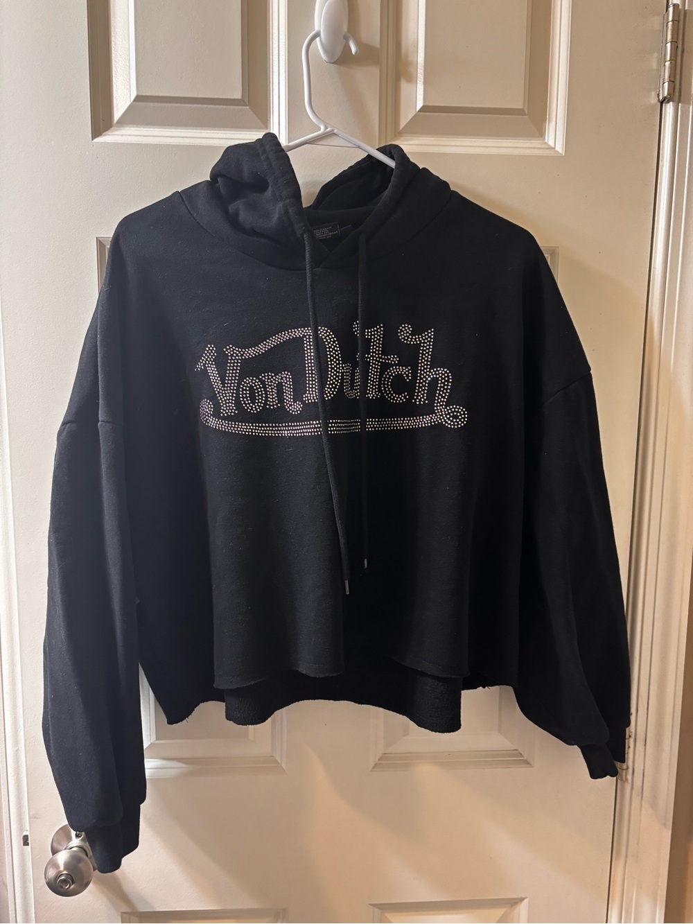 Von Dutch Black Rhinestone Logo Cropped Hoodie Sweater